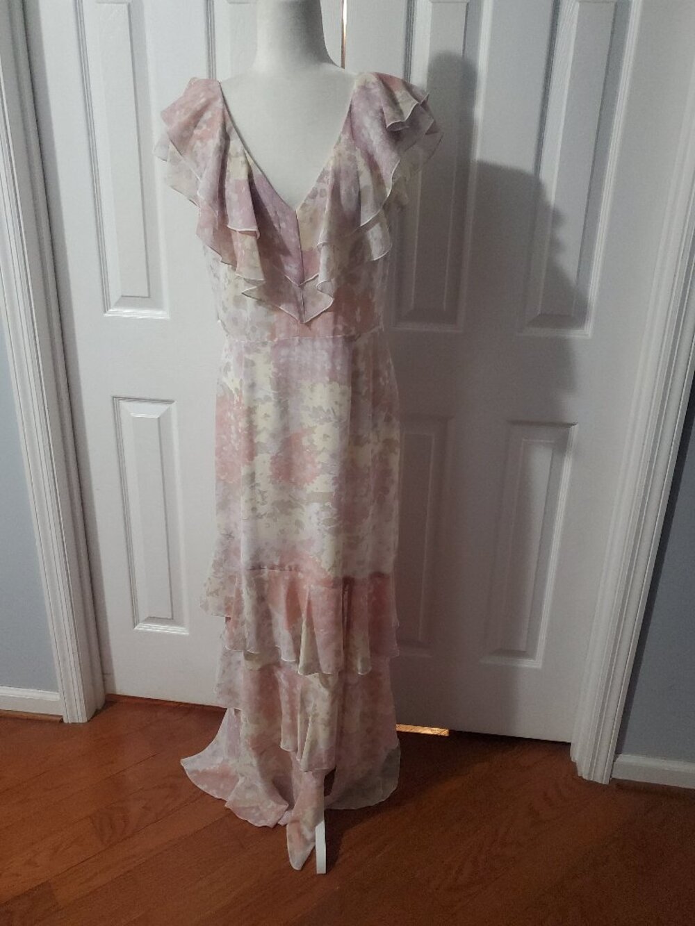 WAYF Pink Floral Ruffle Maxi Dress Size L Cottagecore Romantic Wedding  Guest - Picture 12 of 13